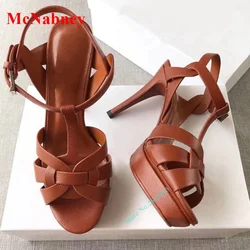 Weave Knot Solid Ankle Buckle Sandals Open Toe Platform Thin High Heel Slingback Fashion Sandal Women Shoe Summer Leather Sandal