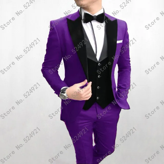 

Custom Made Groomsmen Peak Velvet Lapel Groom Tuxedos Purple+Black Men Suits Wedding Best Man (Jacket+Pants+Bow Tie+Vest) C625