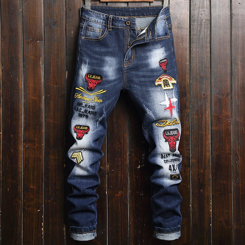 Skinny Vaqueros Hombre Elastic Embroidery Bull Casual Jeans Men's Letters Embroidery Blue Jeans Fahion Badge Stretch Denim Pants