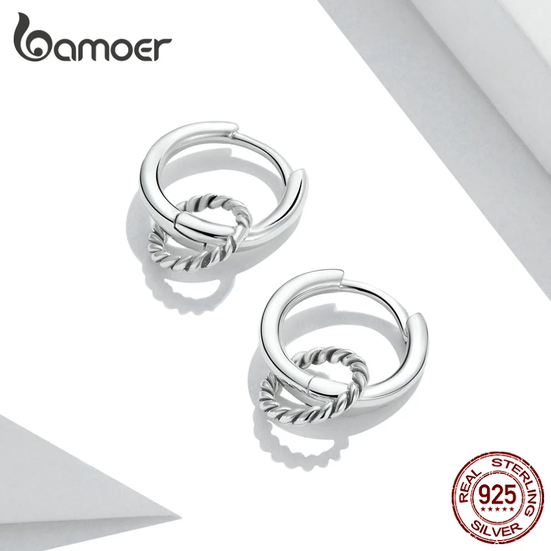 Bamoer 2021 Summer Simple Double Ring Ear Buckle Classic 925 Sterling Silver Ladies Earrings Elegant Birthday Jewelry GXE1199