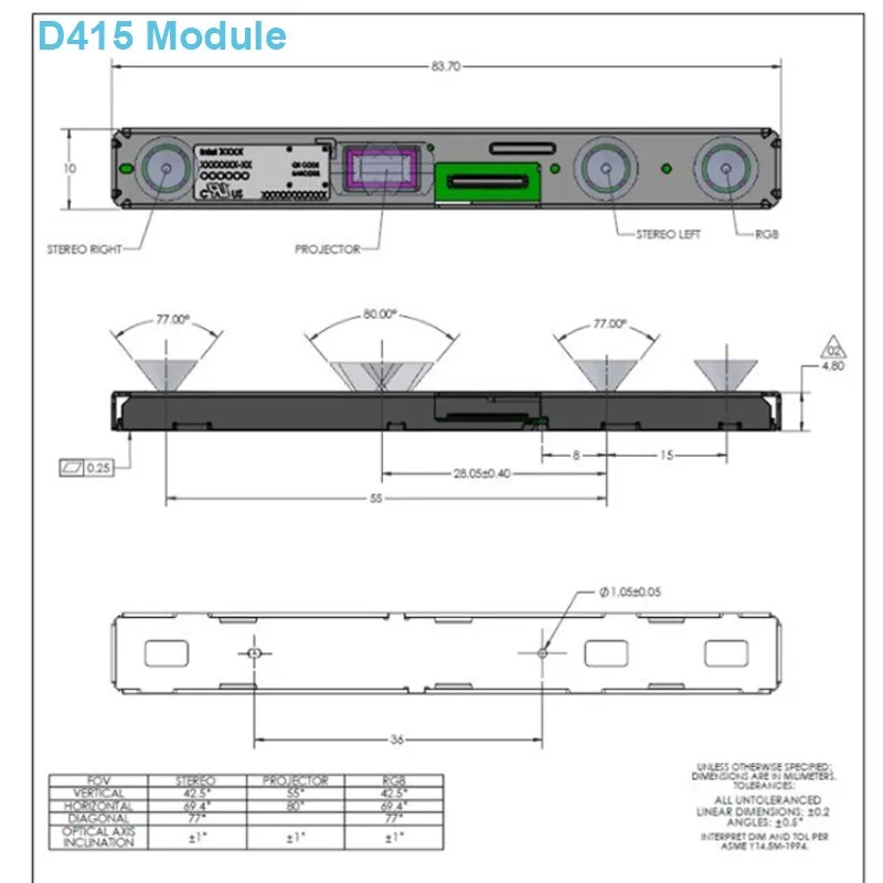 TZT D415 D430 Módulo Kit 3D Camera Profundidade Módulo com USB Intel realsense D415 D430 Módulo AI Development Robot