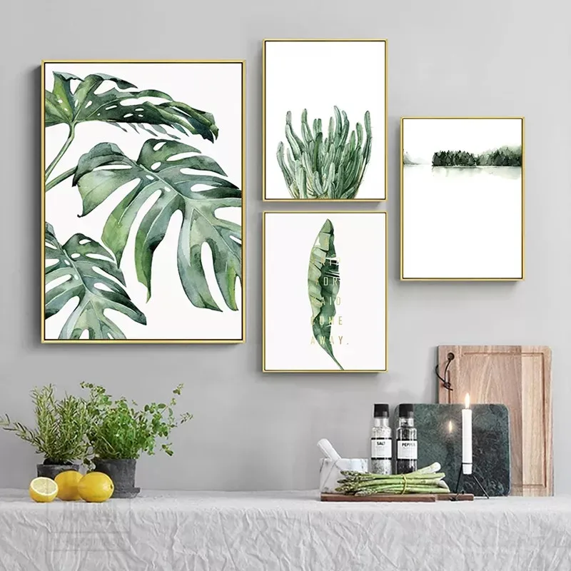 

Green Watercolor Leaves Plants Poster Canvas Painting Scandinavian Style Modern Wall Art Pictures for Living Room Home Decor