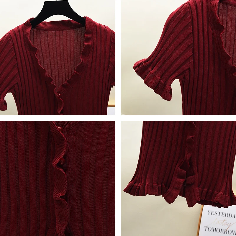 Women Ruffles Knitted Short Flare Sleeve Cropped Sweaters Cardigans Lady Single-breasted Summer Thin Sweater Crop Tops Female