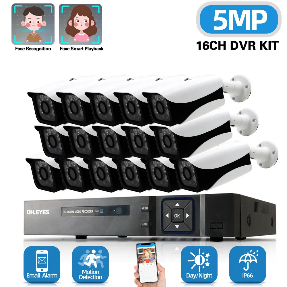 Kit de sistema de cámara de seguridad CCTV, Kit de sistema de videovigilancia DVR de 16 canales, 5MP, detección facial, 8 canales