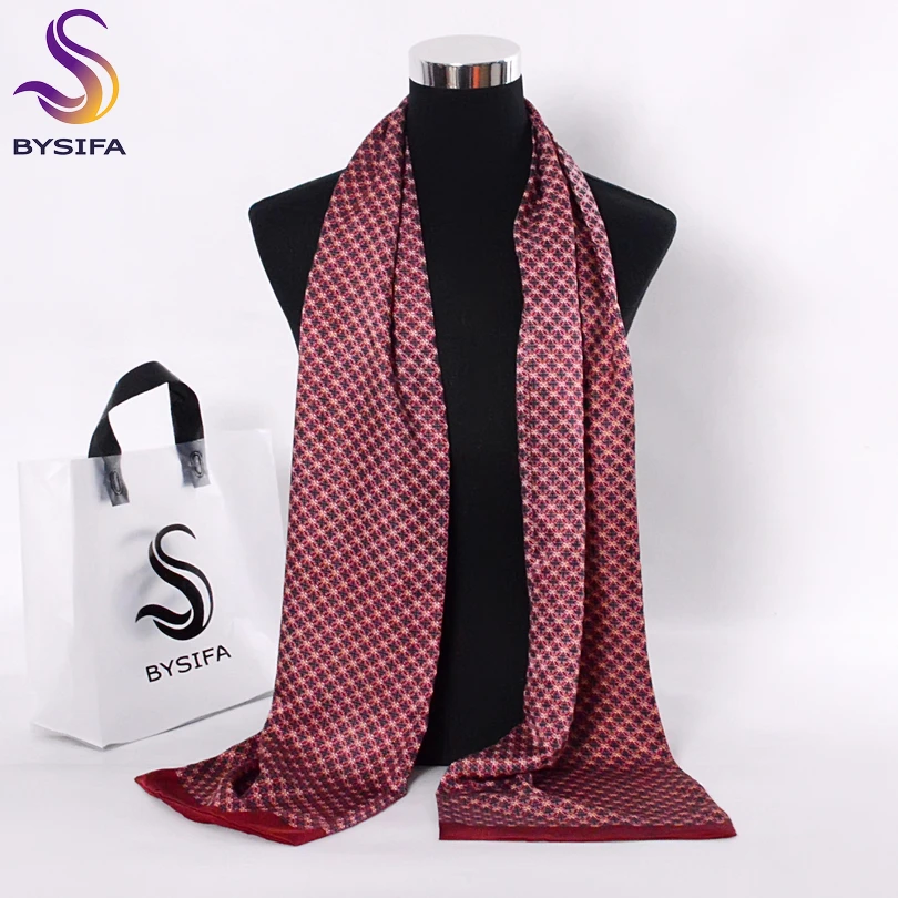 [BYSIFA] Black Red Long Scarves For Men Fashion Accessories Male Pure Silk Scarf Cravat Winter Flowers Pattern Scarf 160*26cm