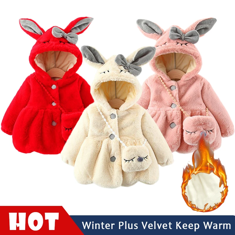 Winter Newborn Baby Girl Clothes Cute Rabbit Ear Plush Baby Jacket Christmas Girls Fur Coat Snowsuit Warm Hooded Infants Outwear