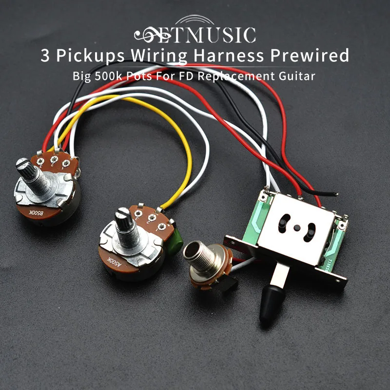 3 Pickup Guitar Wiring Harness Prewired with A500k B500K big Pots 5 Way Switch 1 Volume 1 Tone Black-White