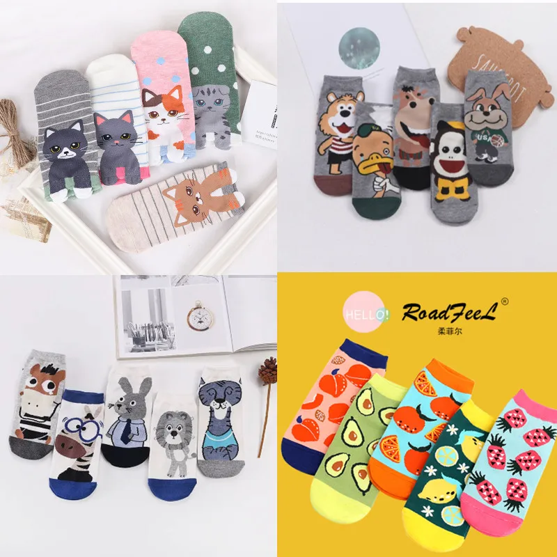 

5 Pairs New Popular Cute Animal Female Kawaii Women Cotton Sock Cat Avocado Fruits Summer Short Socks Casual Soft Funny Socken