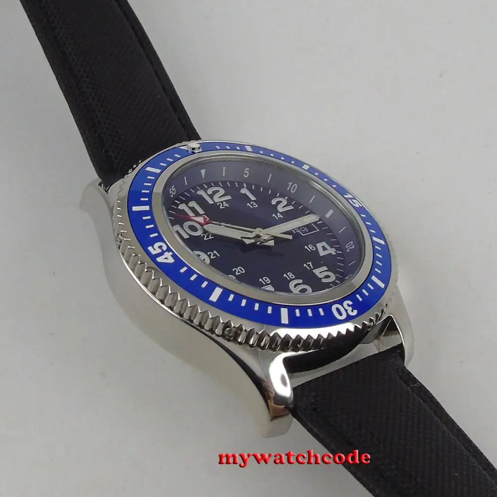 BLIGER-Correa de cuero con esfera azul para hombre, reloj Masculino con bisel giratorio, fecha, ventana, Mingzhu/MIYOTA, movimiento automático, 44mm