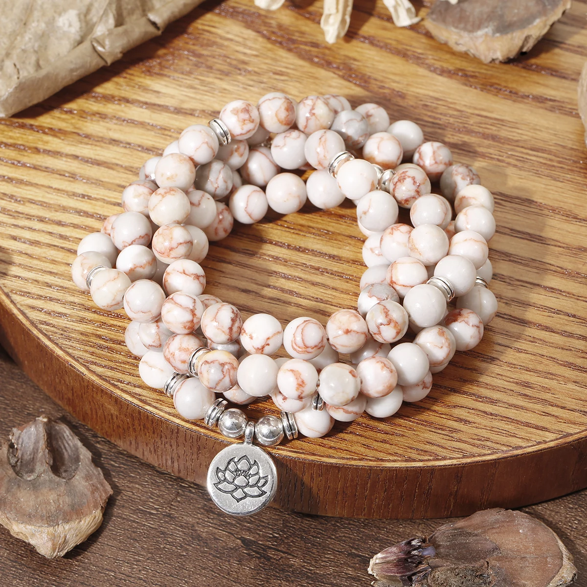 108 Mala Beads Bracelet For Women Yoga Jewelry Ethnic Vintage Howlite Natural Stone With Lotus OM Buddha Charm Bracelet