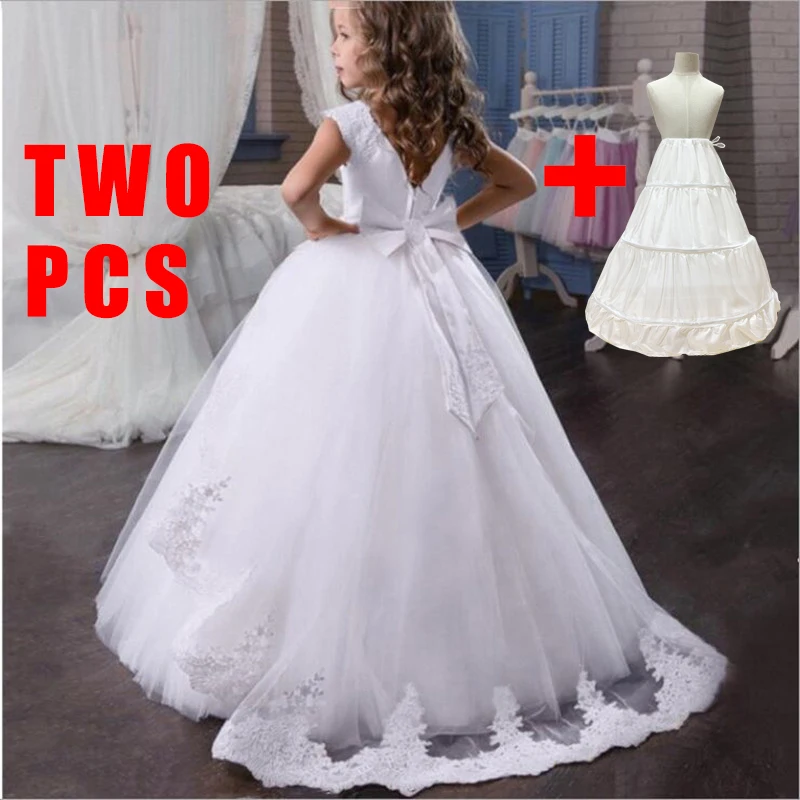 Teen White Bridesmaid Wedding Dress Lace Kids Party Dresses for Girls Clothe Flower Bow Prom Evening Princess Gown 8 10 12 Years