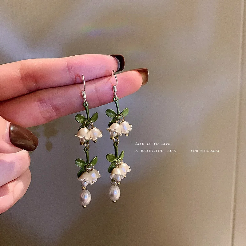 New Design Lily Of The Valley Pearl Green Ear Hook For Women Long Earrings Boutique Jewelry Wholesale Party Wedding Date Gift