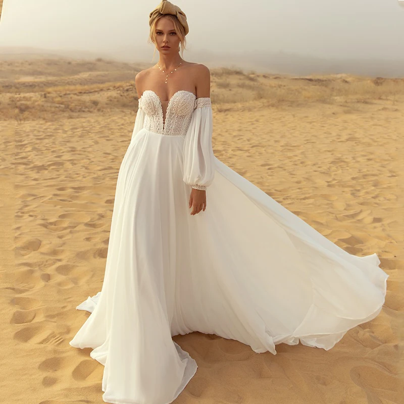 Vestido de novia de gasa con escote en forma de corazón y hombros descubiertos, traje de novia Sexy de encaje, manga larga linterna, Espalda descubierta, estilo playero, hecho a medida, 2021