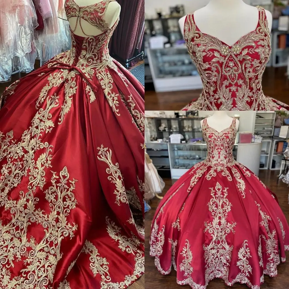 Burgundy ซาติน Vestidos De 15ปี2020เย็บปักถักร้อยลูกไม้ Applique Quinceanera ชุดสายรัดหวาน15ชุดยาวชุด