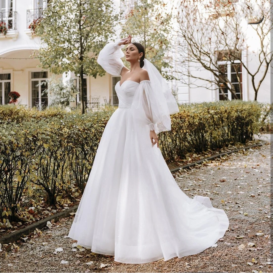 Robe De mariée en Tulle blanc, ligne a, longueur au sol, traîne, manches longues bouffantes, pour femmes