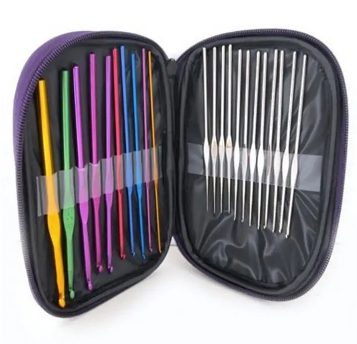 Aluminum Handle Crochet Hooks Ergonomic Knitting Knit Needles Weave Yarn 22 pieces/set with pu leather case bag  gift