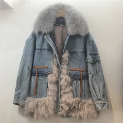 Denim parka for women mid-length patchwork fur coat real fox fur collar fur jacket 2023 new winter outerwear hipster streetwear