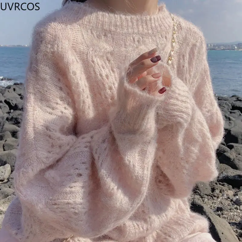 Women Mohair Soft Thin Sweaters Retro Hollowed Rib Knitted Pullovers Sweet Girls O-neck Loose Sweatshirt Elegant Korean Clothing