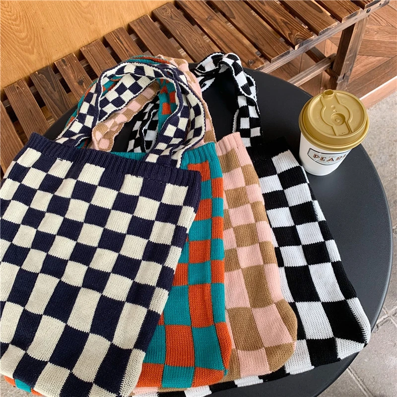 Knitted Checkerboard Bag For Women Canvas Tote Shoulder Bags Retro Weave Plaid Handbags Female Casual Travel Shopping School Bag