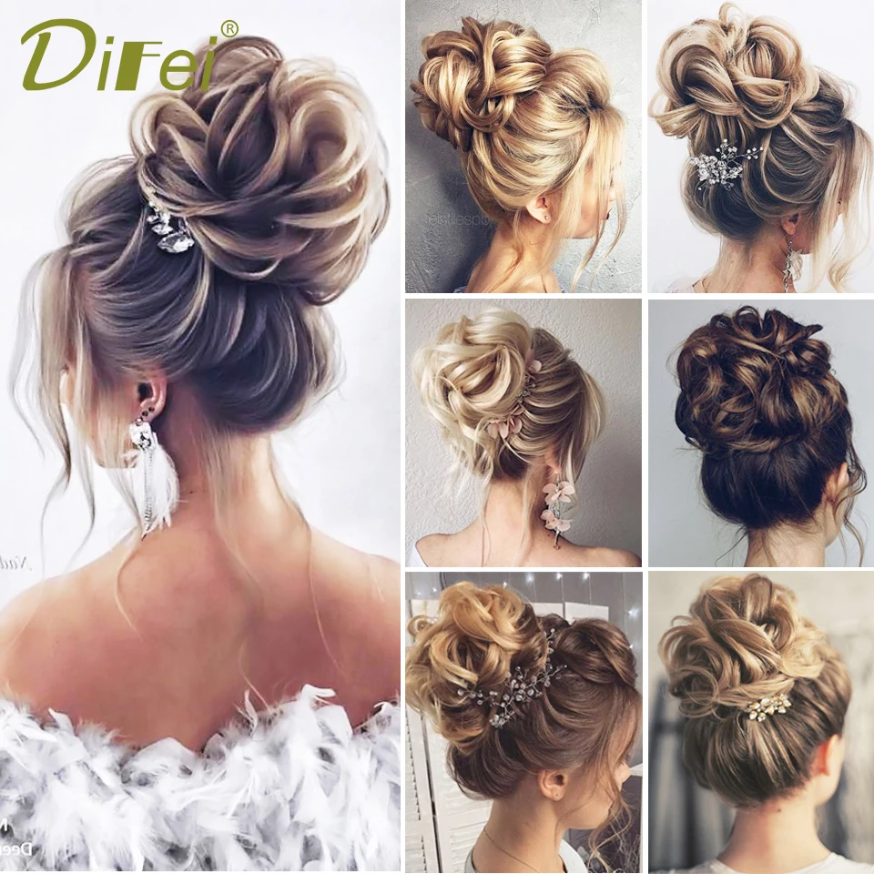 DIFEI Curly Scrunchie Chignon z gumką brązowy różowy syntetyczny gumka do włosów Wrap na roztrzepany kok kucyki proste włosy