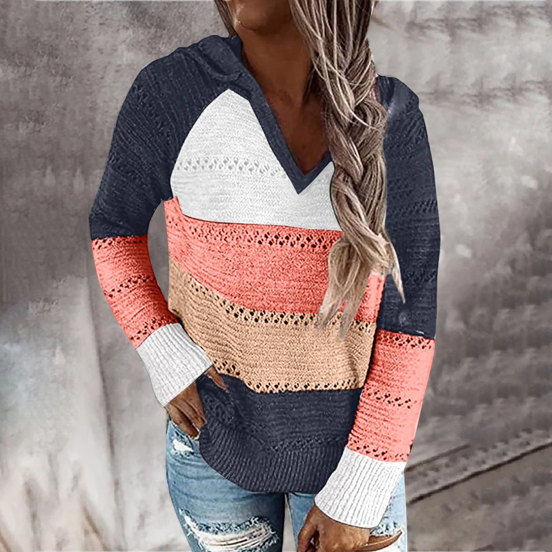 2021 New Female Hoodies Autumn Women Patchwork Hooded Sweater Long Sleeve V-neck Knitted Sweater Casual Striped Pullover Jumpers