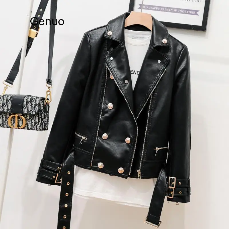 Fashion Zipper Stitching Pu Leather Jacket Female Locomotive Style Double Breasted Pu Leather Outerwear Leather Jackets