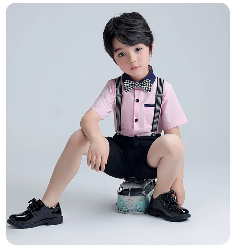 Uniforme Escolar de 5 colores para niños, conjunto de Top de manga corta y pantalones, trajes de actuación para escenario, a la moda ropa ajustada Kawaii, novedad de verano