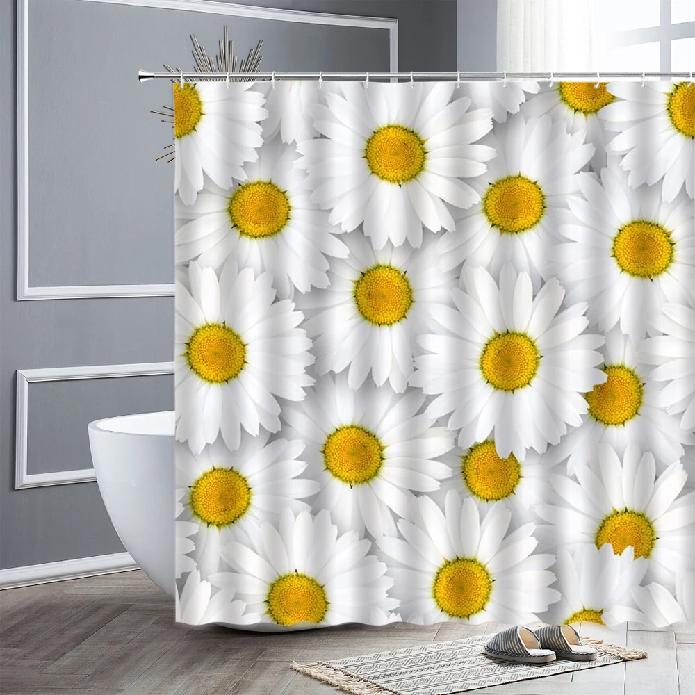 White Daisy Flowers Shower Curtain Set Simple Modern Floral 3D Printing Waterproof Bathroom Curtains Polyester Fabric Home Decor