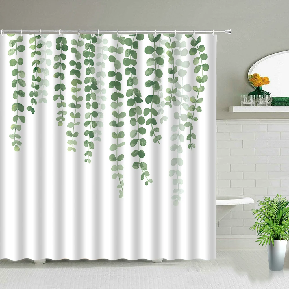 Green Leaves Flower Shower Curtain Artistic Nature Bathroom White Waterproof Polyester Fabric for Kids Bathtub Decor With Hooks