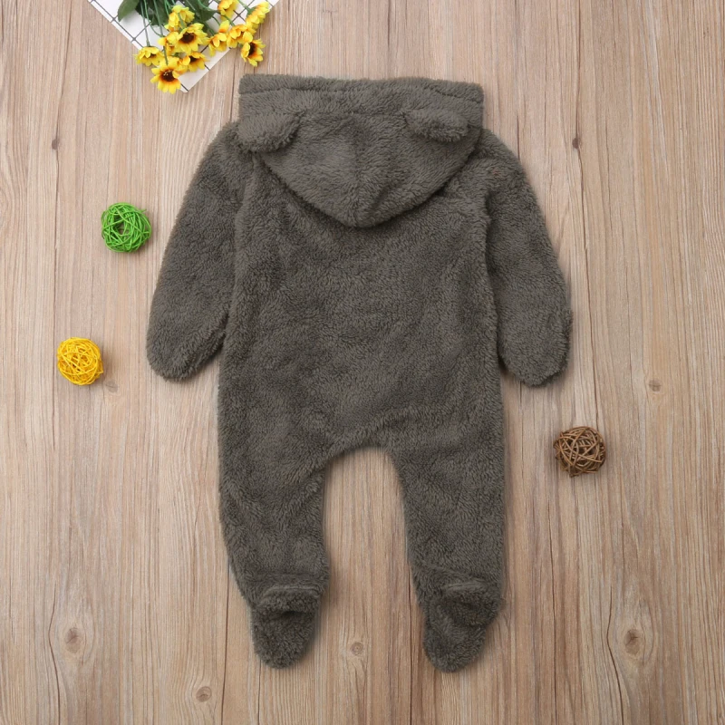 Newborn Toddler Baby Girl Boy Hooded Romper Jumpsuit Winter Outfits  Fuzzy Fleece Plush Clothes 0-24Months