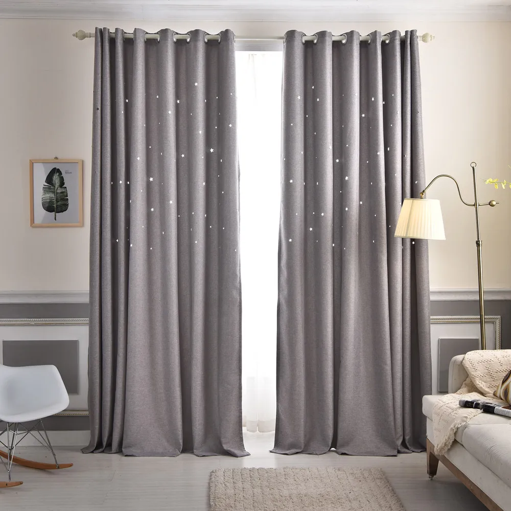 Hollow Star Blackout Curtains for Kids Bedroom Fashion Thick Imitation Hemp Solid Color Hotel Living Room 2246pe