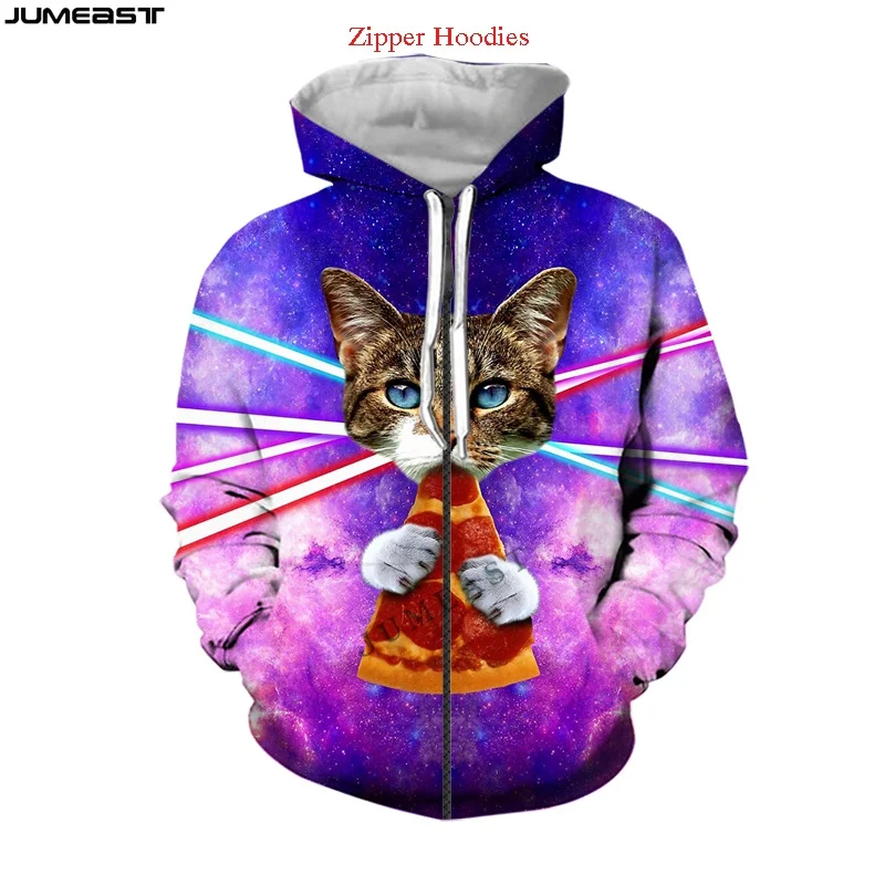 Jumeast Men Women 3D Sweatshirts Cat Eating Pizza Oversized Coat Streetwear Casual Jacket Pullover Fashion Spring Zipper Hoodies