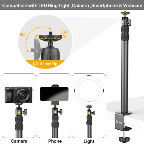 Imagen 2 del producto VIJIM LS02 soporte de luz de escritorio soporte de montaje de abrazadera de mesa extensible de 96cm con cabezal de bola extraíble tornillo 1/4 para anillo de luz cámara DSLR