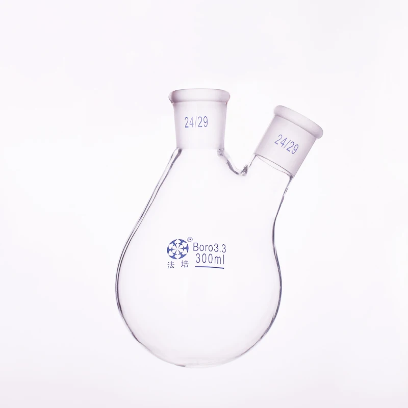 Flask eggplant shape,2 short necks standard grinding mouth,Capacity 300ml,joint 24/29,Oblique eggplant-shaped flask