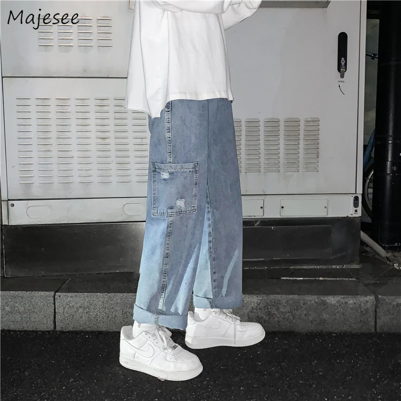 

Jeans Men Solid Pockets Chic Fashion Distressed Harajuku Retro Loose Leisure Baggy Oversize Plus Size S-3XL Vintage Cool Teens