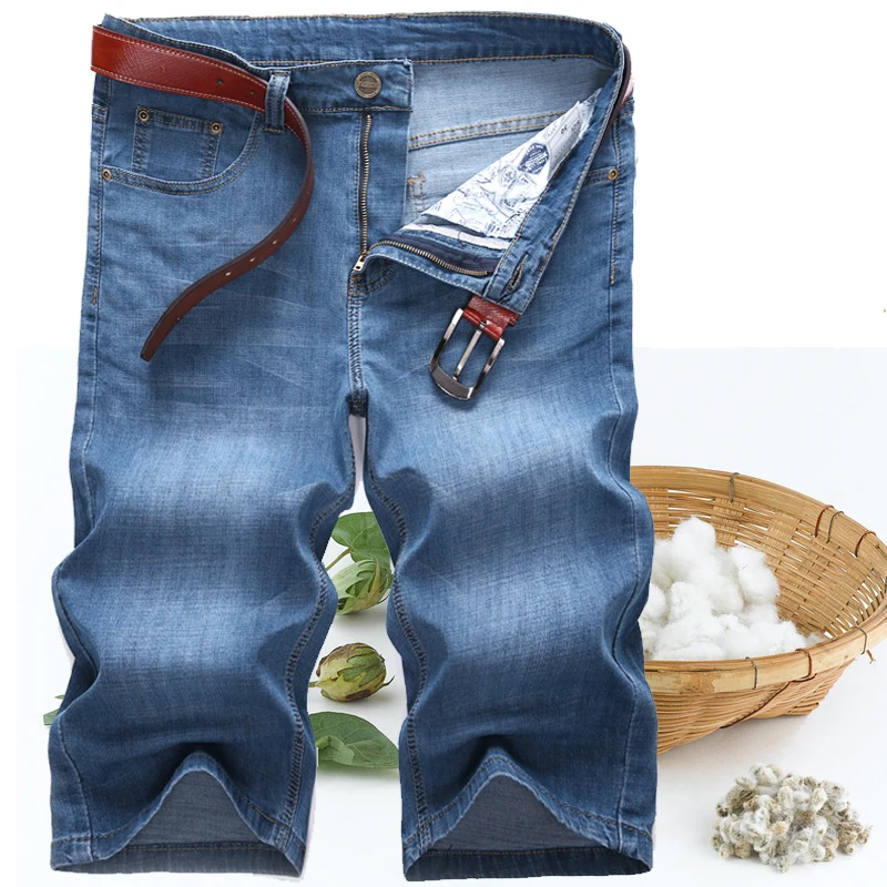 Summer Jeans Shorts Mens Denim Elastic Stretched Thin Short Jean Oversized Plus Light Blue 42 44 46 48 Male Calf Length Trousers