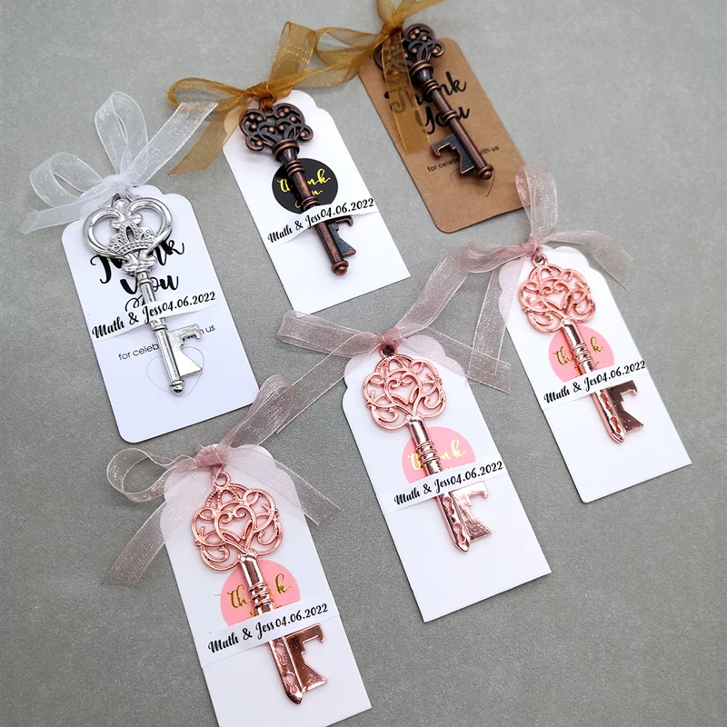 Hochzeitsgeschenke für Gäste Souvenirs Partygeschenke Kupferfarbener Skelettschlüssel Flaschenöffner mit personalisiertem Namensaufkleber – Detail 7