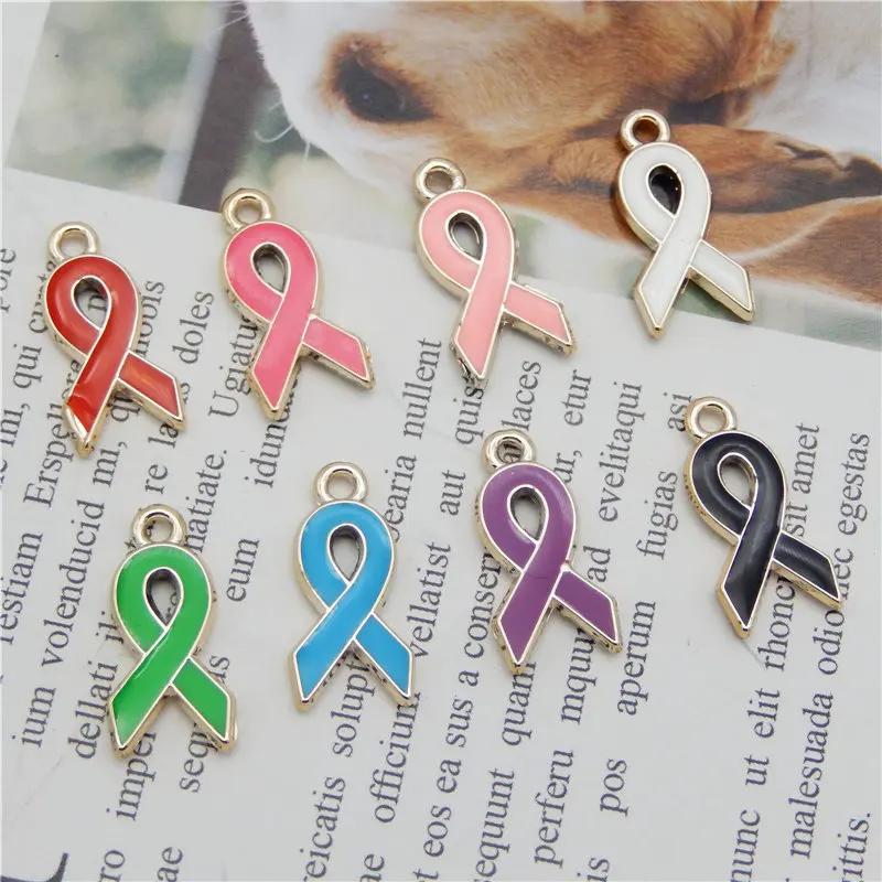 Julie Wang 10PCS Plastic Breast Cancer Awareness Ribbon Charms Random Color Pendants Bracelet Jewelry Making Accessory