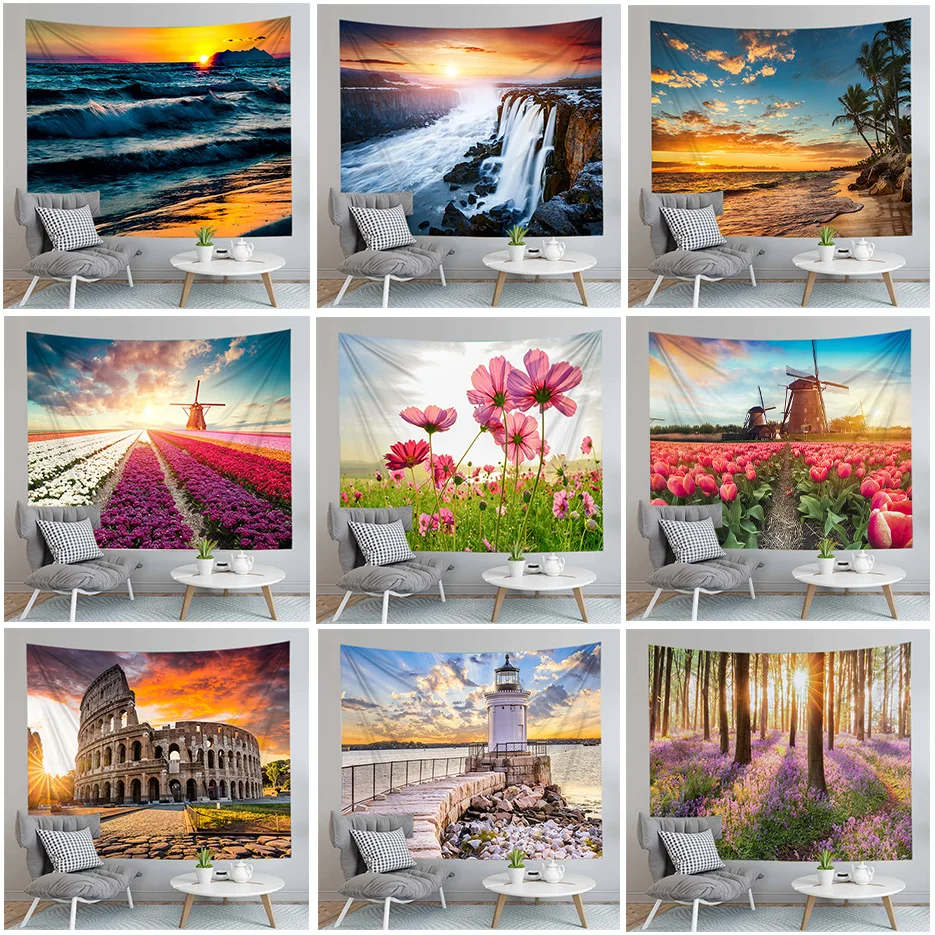 

Nice Scenery Wall Hanging Carpet Landscape Tapestry Sea Beach Cloth Mat Flower Blanket Home Decoration