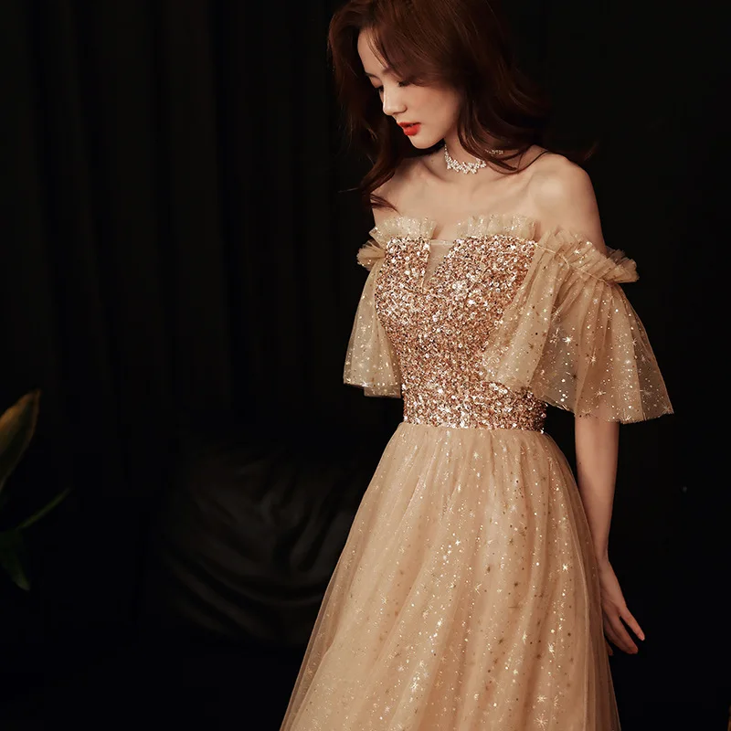 Champagne Off-shoulder Tulle Evening Dress Sparkly Sequins A-Line Floor-Length Elegant Backless Lace Up Party Formal Gown Woman