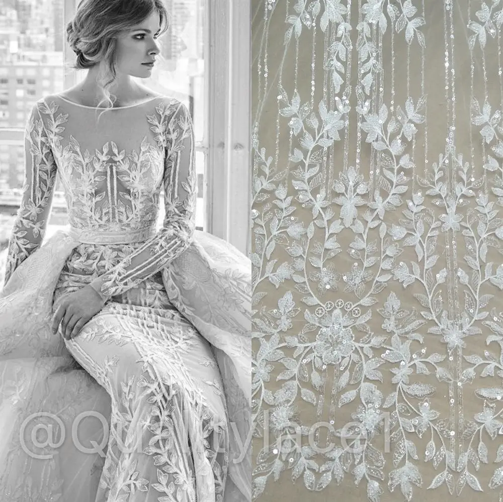 Fashion Zuhair Murad  Beaded lace Sequins bridal lace fabric tulle lace fashion wedding dress ivory fabric 130cm width