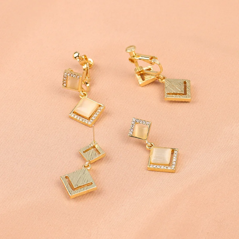 GRACE JUN Square Geometric Clip on Earrings No Pierced Women's Rhinestone Opal Stone Gold Color Fake Piercing Ear Clip 2021 New