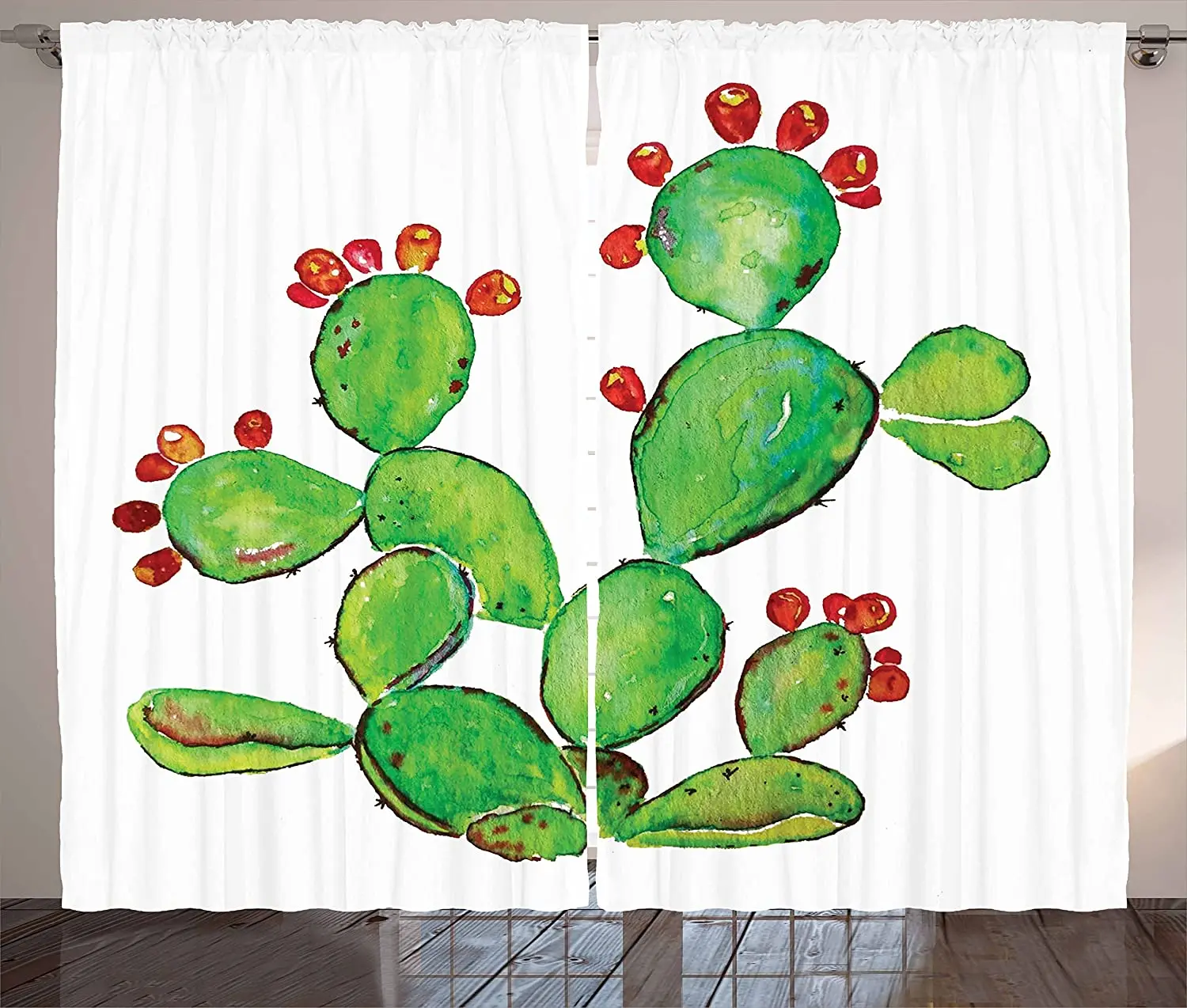 

Cactus Blackout Curtains Ripe Prickly Pear Plant with Fruits Watercolor Illustration Botany Art Window Curtain