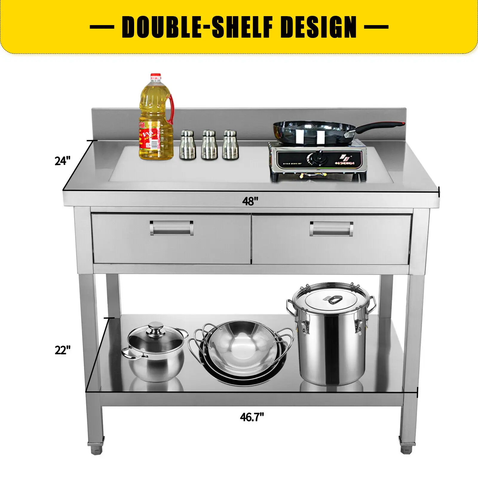 VEVOR 24"x36" 24"x48" Professional Stainless Steel Kitchen Work Prep Table Adjustable Feet with Double Drawers Home Commercial