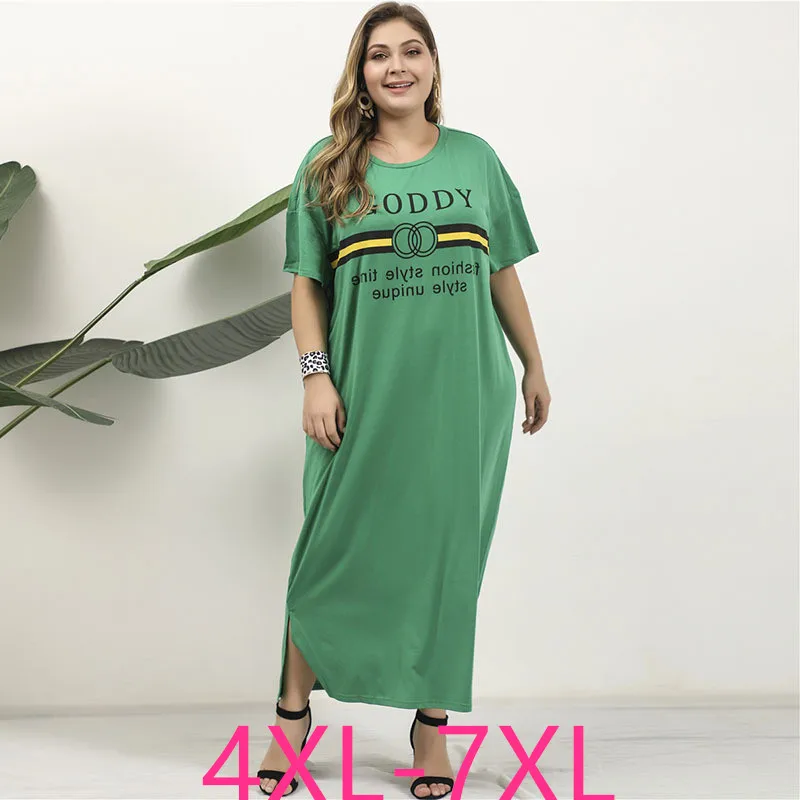 New summer plus size long dress for women large loose casual short sleeve straight print green O-neck dresses 4XL 5XL 6XL 7XL