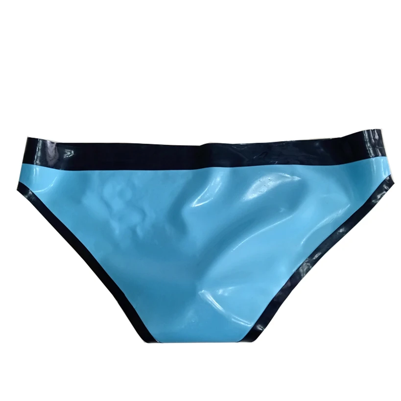 Natural Men Latex Briefs Sky Blue And Black Trims Male Rubber Panties Shorts Lingerie Handmade RLPM076