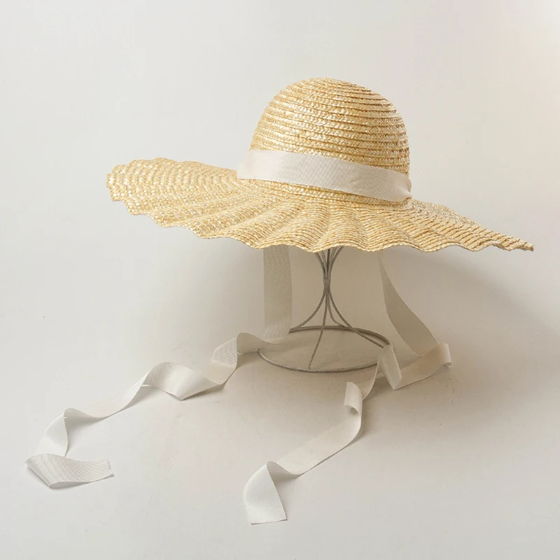 2021 New Large Brim Ribbon Straw Hats Summer Hats For Women Ribbon Beach Cap Beach hat Dome Top Sun Hat Holiday Elegant cap