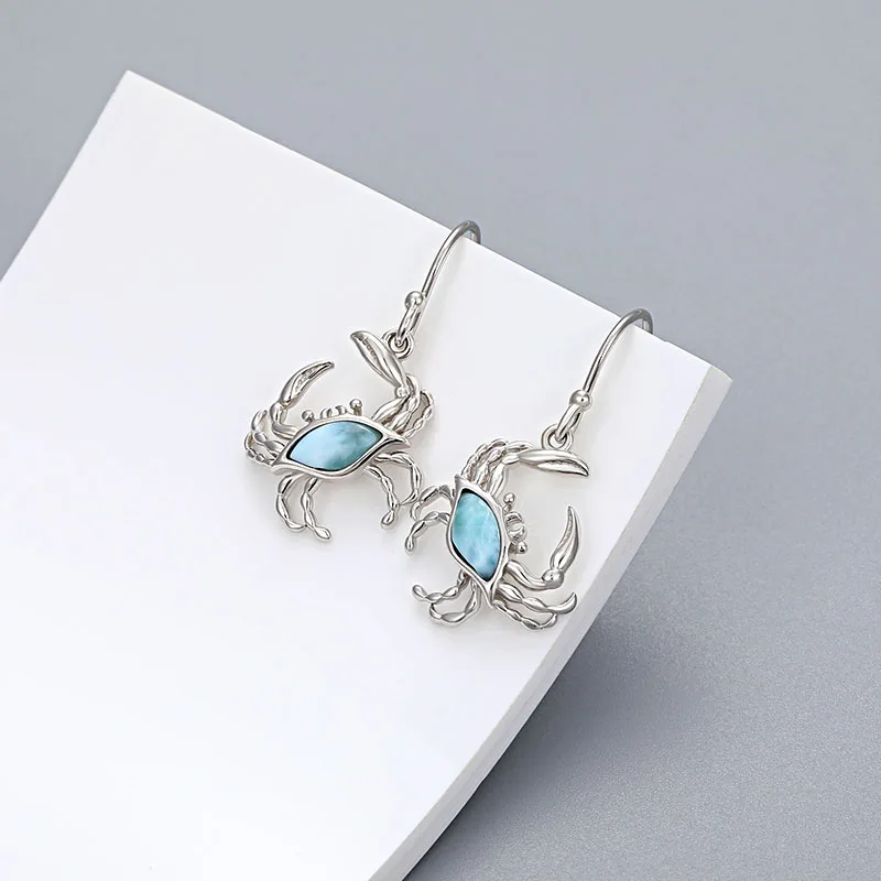 Summer Crab Design Geometry Natural Gem Larimar Earrings 925 Sterling Silver Women Jewelry Drop Shape