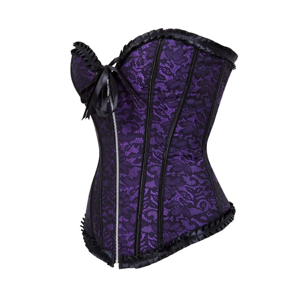 Gothic Corset Top Plus Size Women Bustier Overbust Sexy Lace up Zipper Floral Lingerie Vintage Victorian Fashion Red Purple