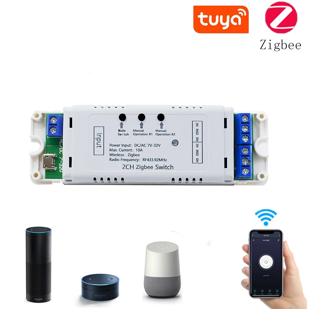 ZigBee 3.0 WiFi 2CH Relay 12V 24V Smart Switch DC7-32V RF Receiver WIFI Module Self-locking Inching Work with Google Home Alexa